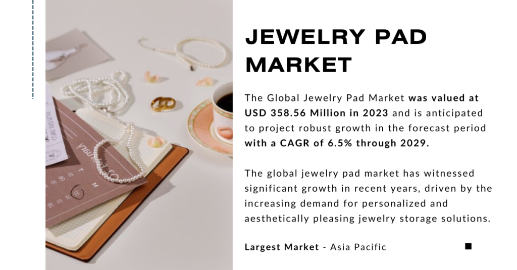 The Global Jewelry Pad Market stood at USD 358.56 Million in 2023 and may grow in the forecast with a CAGR of 6.5% by 2029.