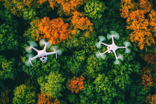 two-white-drones-flying-forest-with-orange-leaves_1084153-427.jpg (AVIF Image 626 × 417 pixels)