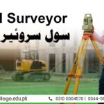 Young man in an orange safety vest stands confidently with surveying equipment on a tripod at a construction site. Banner text: "Civil Surveyor Course."