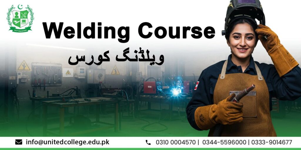 A woman in welding gear, smiling, stands in a workshop with glowing welding equipment. Text reads "Welding Course" in English and Urdu. Contact details below.