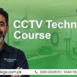 Smiling man in uniform stands against a green background with text 'CCTV Technician Course'. Visible contact information and equipment images.