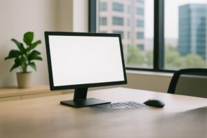 A computer on a table.