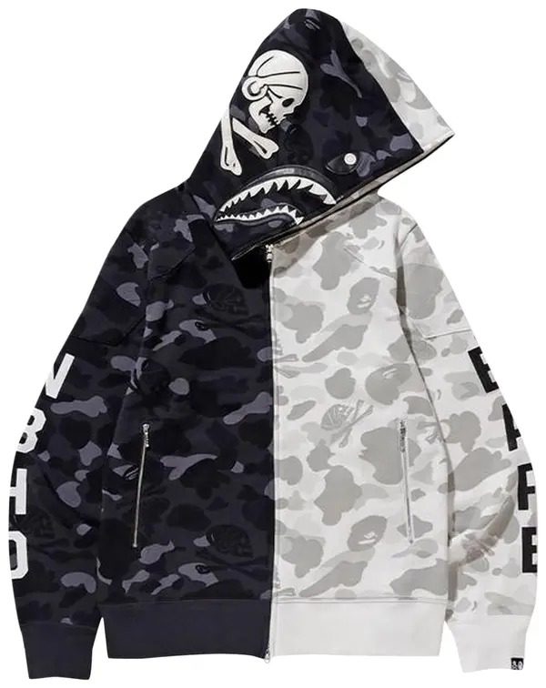 BAPE x Neighborhood Split Camo Shark Full Zip Hoodie Black