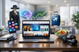 Modern digital workspace with tech and lifestyle themes