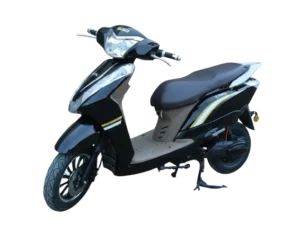 Black electric scooter with gold side graphics, front headlight, alloy wheels, and black seat on a white background.