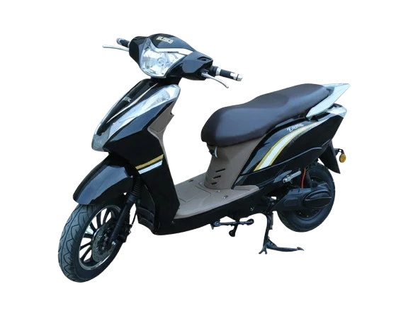 Black electric scooter with gold side graphics, front headlight, alloy wheels, and black seat on a white background.