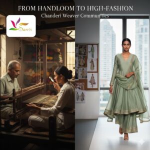 A split-screen image showing a traditional artisan weaving Chanderi fabric on a wooden handloom and a modern model wearing a sage green Chanderi silk Anarkali suit on a fashion runway.
