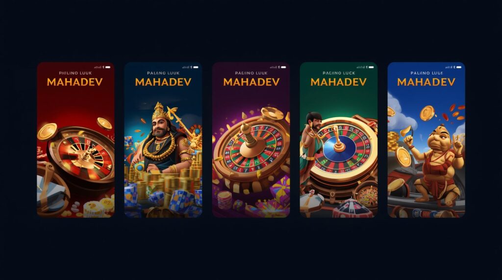 give me 5 best and unquie images for _mahadev book_ remind mahadev book is online gaming betting platform like casino, spin games and more betting games. create images follow these instructions