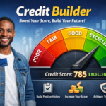 Zavo Credit Builder interface showing a colorful credit score meter in the ‘Excellent’ range with a high score, representing improved financial health.