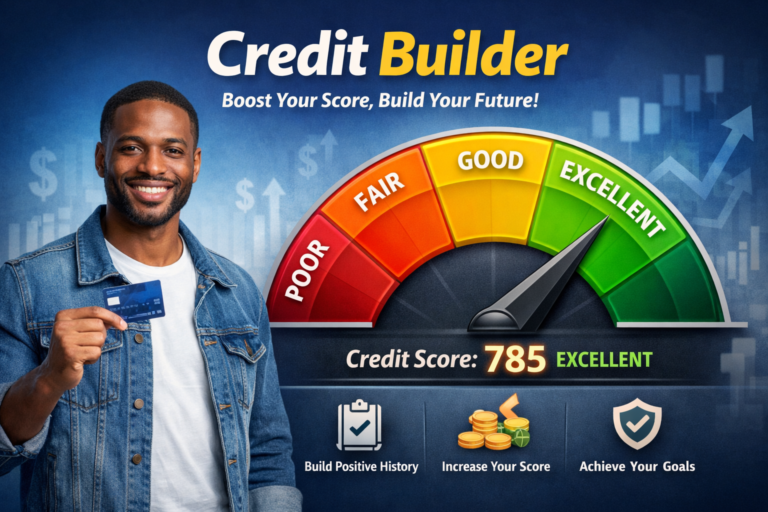 Zavo Credit Builder interface showing a colorful credit score meter in the ‘Excellent’ range with a high score, representing improved financial health.