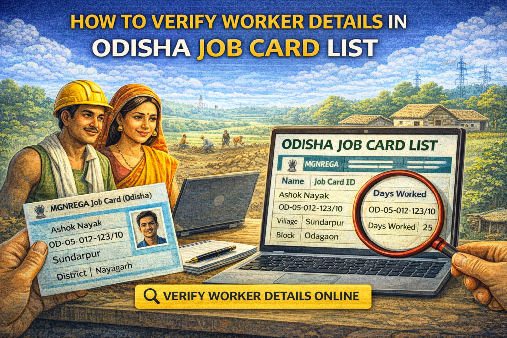 Odisha Job Card List worker verification process with laptop and job card image.