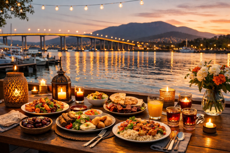 Hobart waterfront at sunset with a table of halal-friendly dishes, lit candles, flowers, and the Tasman Bridge in the background.