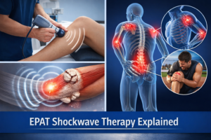 The image explains the shockwave therapy and a complete body aches are displayed in the images.