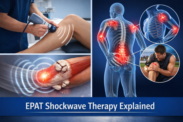 The image explains the shockwave therapy and a complete body aches are displayed in the images.