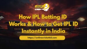 A promotional banner for an online cricket betting service showing a lit cricket stadium at sunset, with the headline “How IPL Betting ID Works & How to Get IPL ID Instantly in India.” At the top is a logo reading “Online Cricket ID” with a silhouette of a batsman, and at the bottom is the website link “https://onlinecricketid.com.”