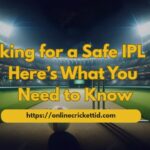 A cricket stadium at night under bright floodlights with a pitch and ball in the foreground. Overlaid text reads “Looking for a Safe IPL ID? Here’s What You Need to Know,” promoting an IPL Betting ID service. The “Online Cricket ID” logo appears in the top corner, and the website “https://onlinecricketid.com” is displayed at the bottom.