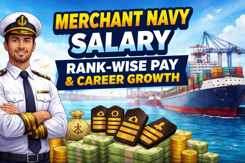 Merchant Navy salary illustration showing ship captain, cargo vessel, and rank badges with money symbols highlighting rank-wise pay and career growth in maritime jobs.