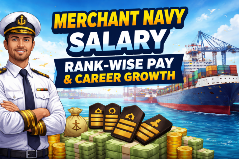 Merchant Navy salary illustration showing ship captain, cargo vessel, and rank badges with money symbols highlighting rank-wise pay and career growth in maritime jobs.