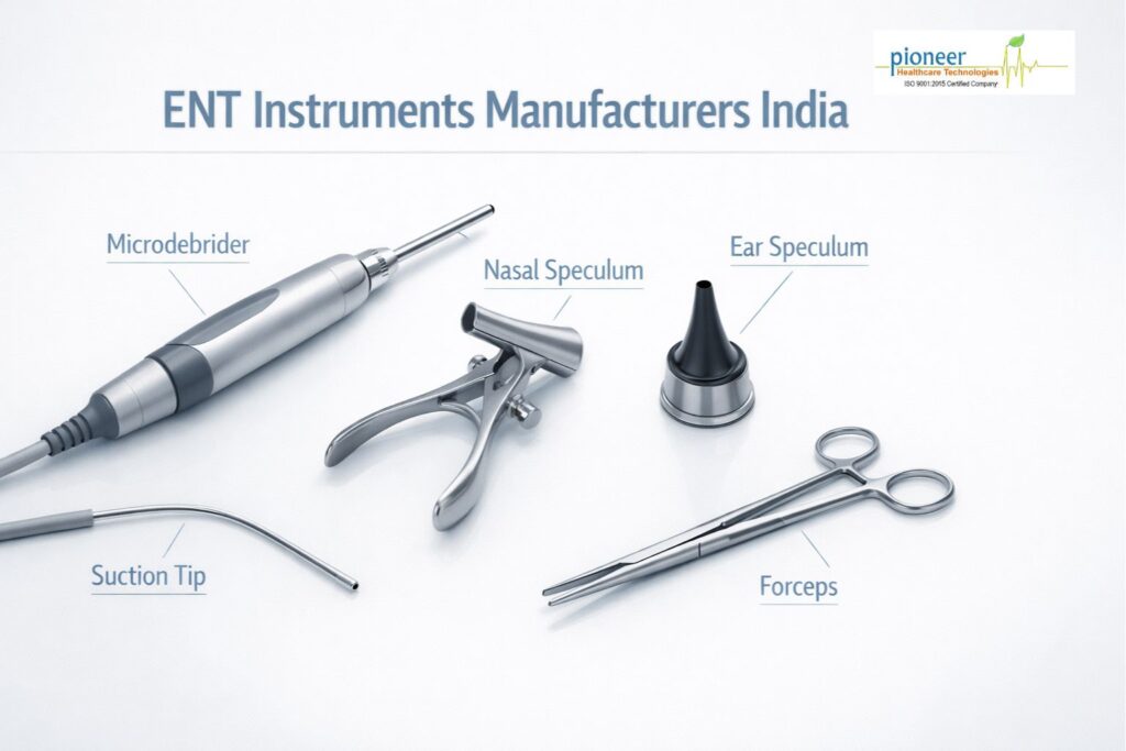 High-quality ENT instruments including microdebrider, nasal speculum, ear speculum, suction tip, and forceps arranged on a white clinical background with labels.