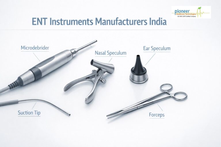 High-quality ENT instruments including microdebrider, nasal speculum, ear speculum, suction tip, and forceps arranged on a white clinical background with labels.