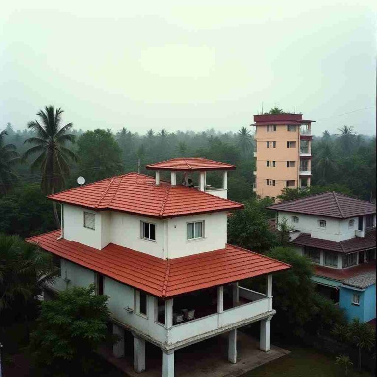 Modern residential house with red tiled roof shade design surrounded by trees in a tropical neighborhood