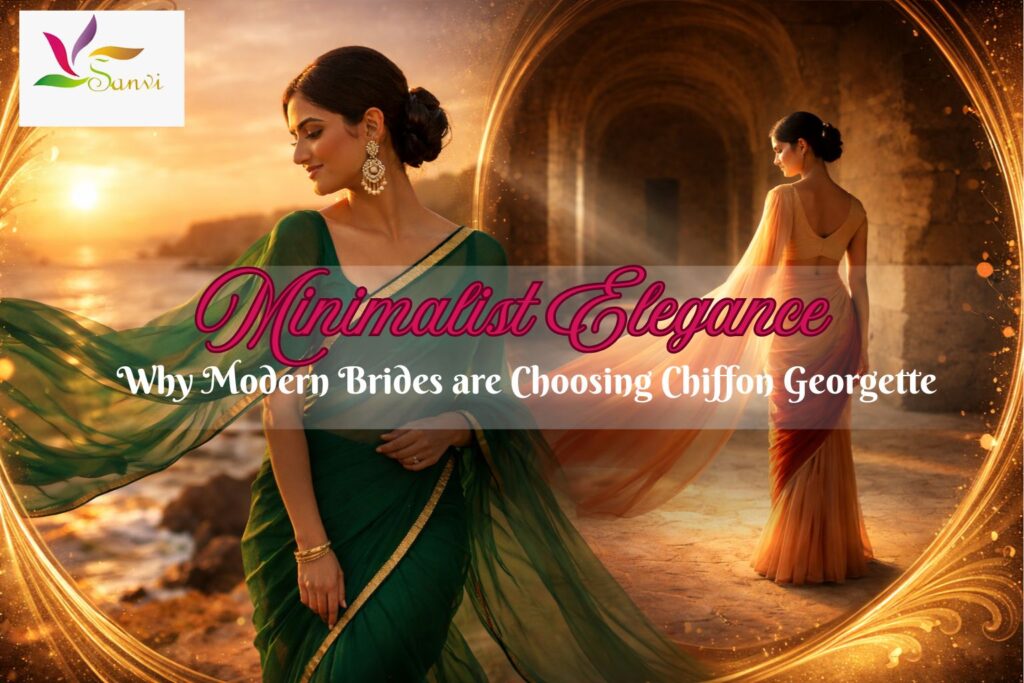 Modern bride in a flowing pure chiffon georgette saree for a pre-wedding shoot.