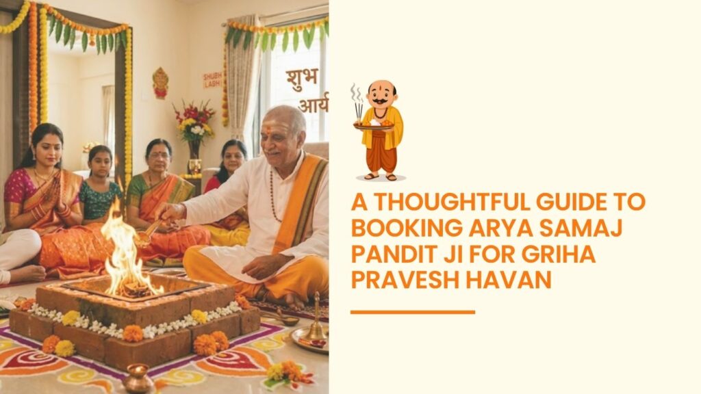 Arya Samaj Pandit Ji performing Griha Pravesh Havan ceremony with family in a decorated new home