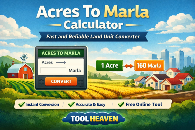 Acres To Marla Calculator graphic showing a land unit converter with 1 acre equals 160 marla, featuring farmland and residential area background with Tool Heaven branding.