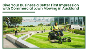 Commercial lawn mowing service in Auckland maintaining a large business landscape with professional equipment and neatly trimmed grass