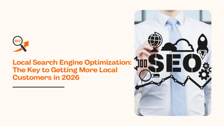 Local Search Engine Optimization strategy concept showing SEO growth, digital marketing icons, and business professional improving local search rankings.
