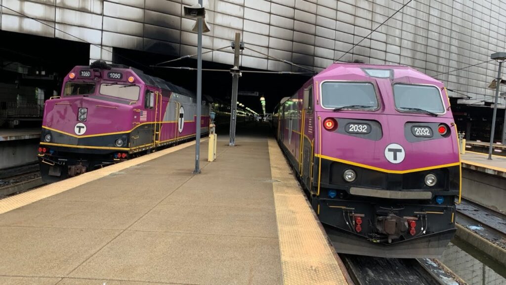Providence Amtrak MBTA Station exterior with trains and platforms in downtown Providence