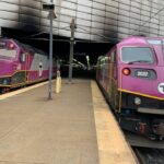 Providence Amtrak MBTA Station exterior with trains and platforms in downtown Providence