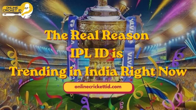 Online Cricket ID banner featuring IPL trophy in a stadium with fireworks and crowd, highlighting why IPL ID is trending in India right now with promotional branding.