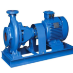 Blue industrial centrifugal pump with electric motor mounted on a metal base.