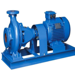 Blue industrial centrifugal pump with electric motor mounted on a metal base.