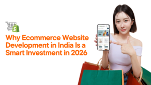 Ecommerce website development India concept showing online shopping mobile app with user holding smartphone and shopping bags