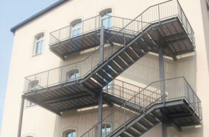 External steel Fire Exit Stair installed on a multi-story building for emergency evacuation