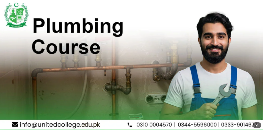 Plumbing Course advertisement showing a smiling man in blue overalls holding a wrench. Background features exposed pipes.