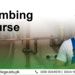 Plumbing Course advertisement showing a smiling man in blue overalls holding a wrench. Background features exposed pipes.