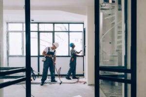 Two professional cleaners in safety gear and hard hats performing post-construction cleanup in a newly renovated London building, showcasing expert construction site cleaning services in UK.