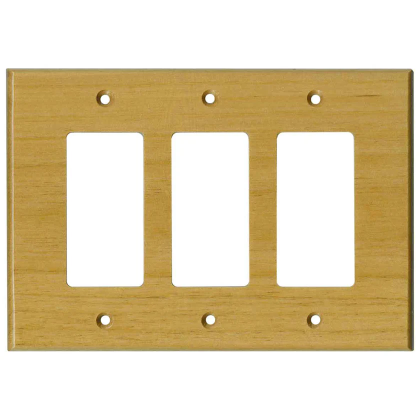 Alder Satin Lacquer 3 Rocker GFCI Decora Switch Covers with elegant wooden finish for modern home décor and wall plate styling.