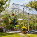 Sunlit garden greenhouse with woman tending plants