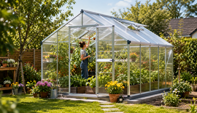 Sunlit garden greenhouse with woman tending plants