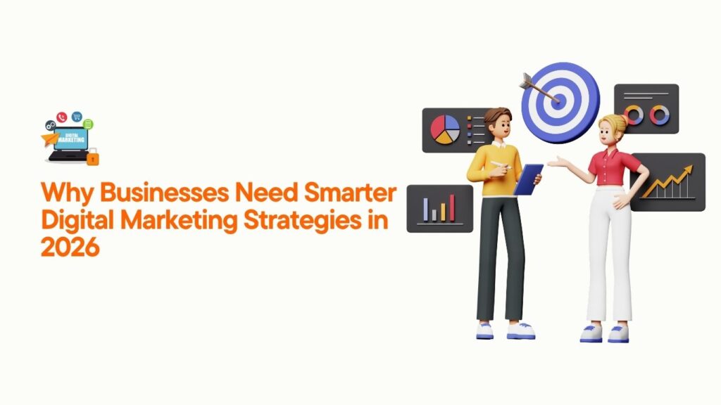 Illustration of two marketing professionals discussing business growth strategies with digital analytics charts and target icons for smarter digital marketing in 2026.