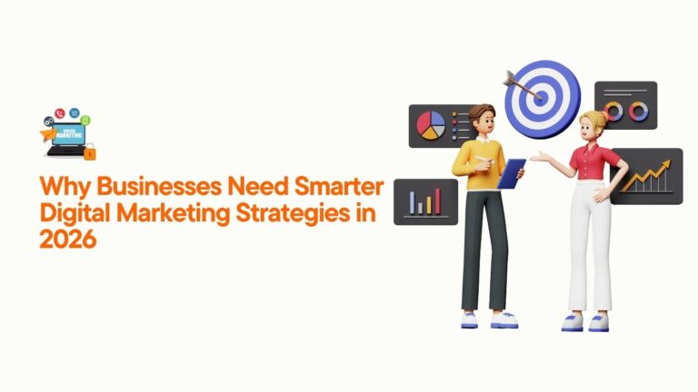 Illustration of two marketing professionals discussing business growth strategies with digital analytics charts and target icons for smarter digital marketing in 2026.