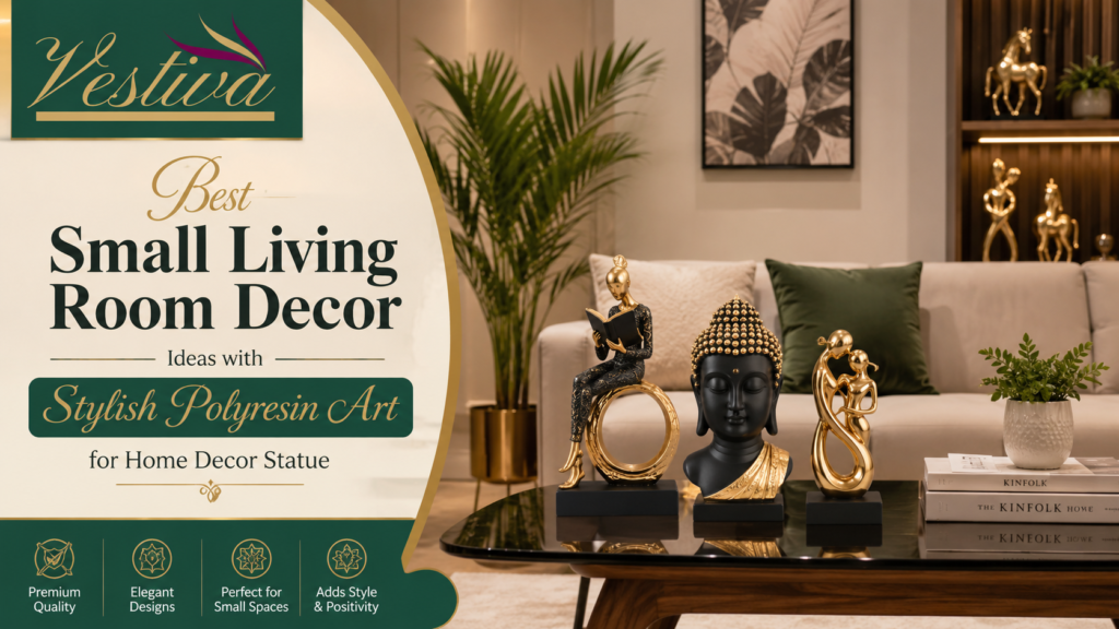 Modern small living room decorated with stylish polyresin art statues and luxury home decor accessories in India.