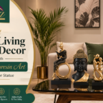 Modern small living room decorated with stylish polyresin art statues and luxury home decor accessories in India.