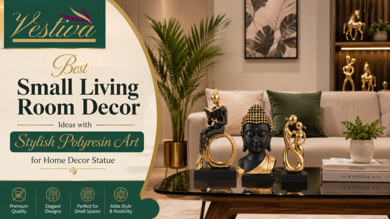 Modern small living room decorated with stylish polyresin art statues and luxury home decor accessories in India.